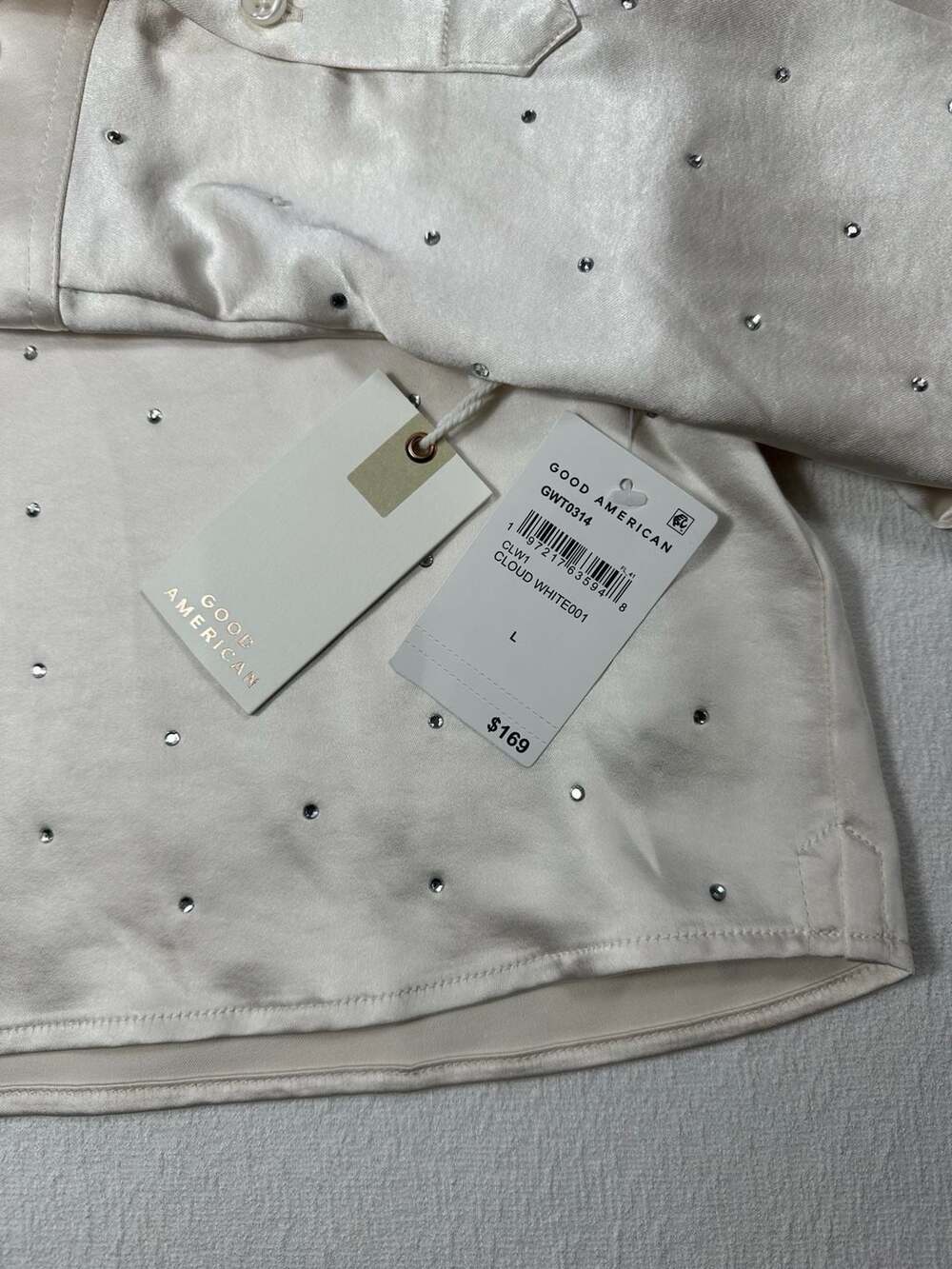 Good American Crystal Embellished Cropped Satin Shirt Cloud White Large - Picture 7 of 12